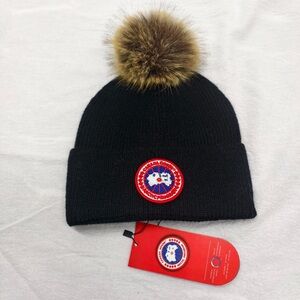 Canada Goose Black Knit Beanie with Brown Pom-Pom